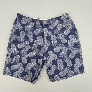 Nifty Genius Mens 31 Navy Blue Pineapple Seersucker Flat Front Chino Shorts